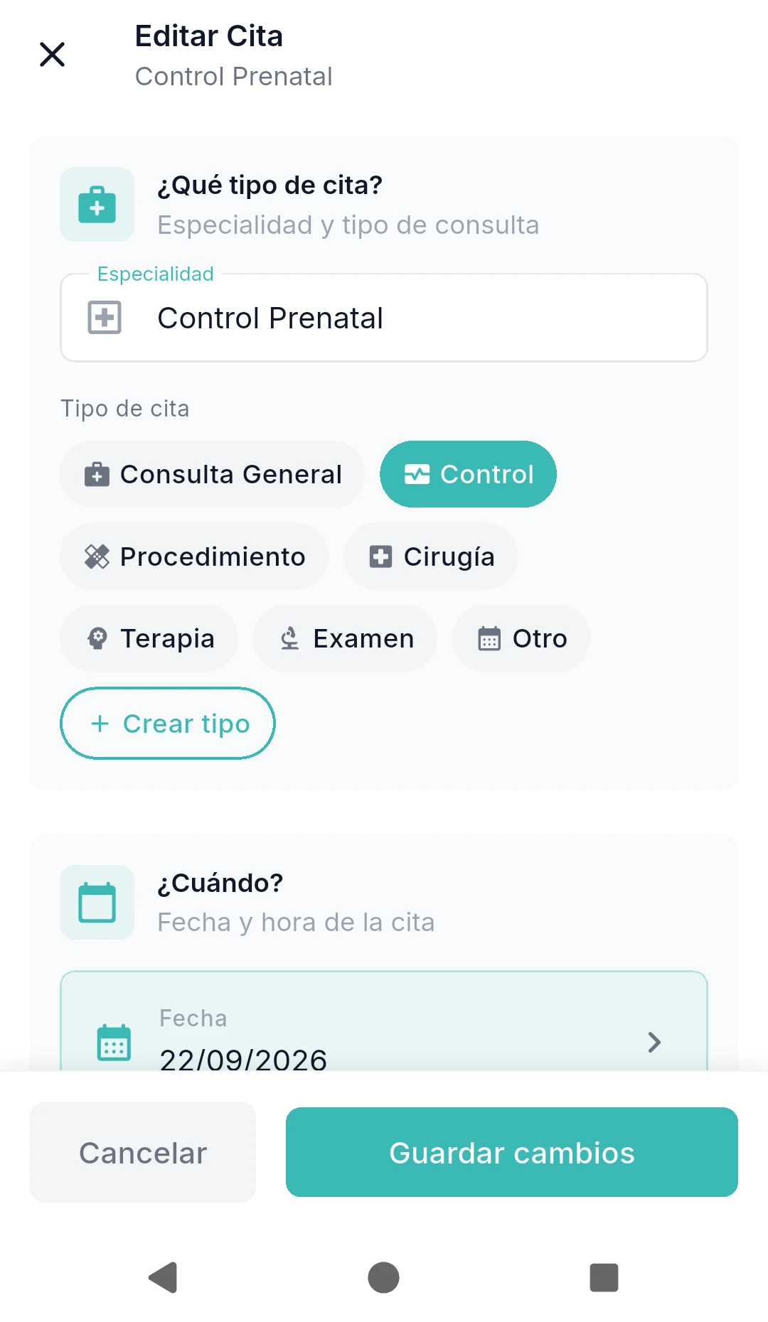 Pantalla de CitaMente para revisar y editar los datos de una cita antes de guardar
