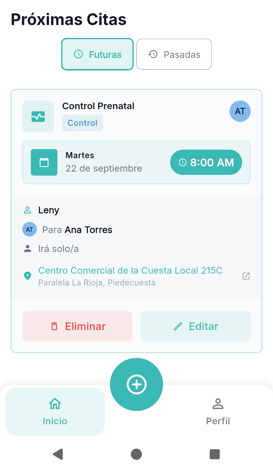 Pantalla de próximas citas de CitaMente, mostrando una cita de Control Prenatal asignada a un familiar
